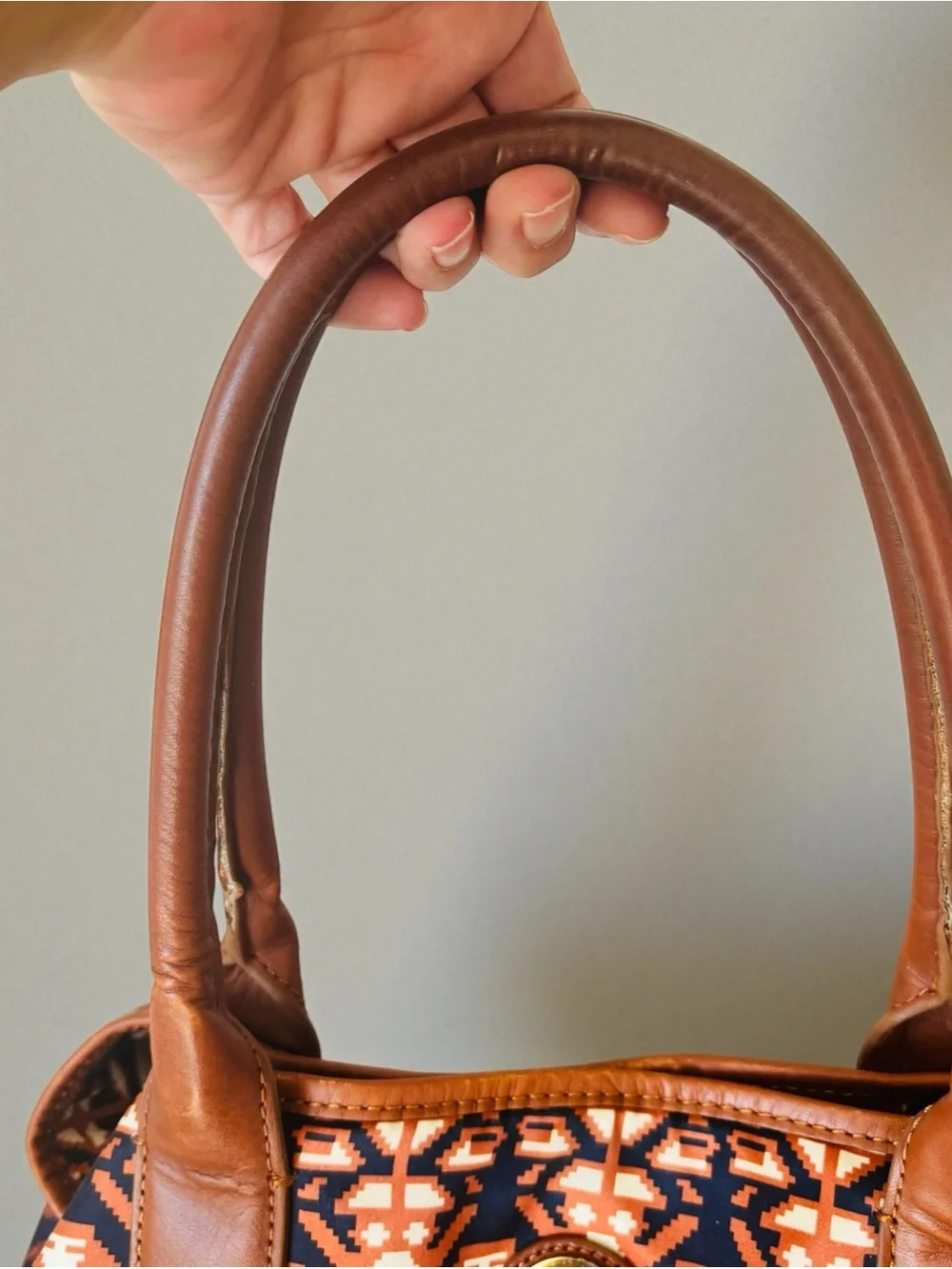 Tory Burch Ella Aztec Navy and Orange Geometric Tote with Brown Leather Handles - Picture 8 of 12